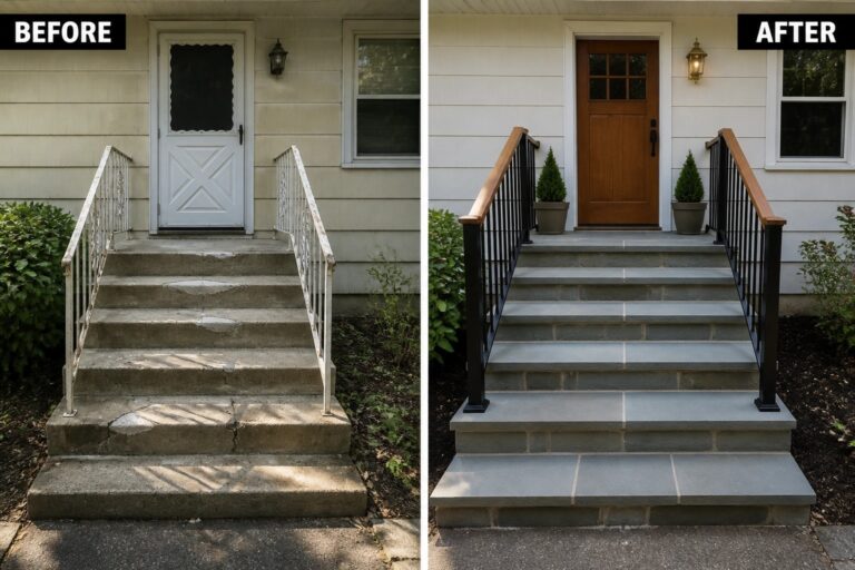 20 Polished Split Level Entry Makeovers Focused on Front Steps and Railings Before-and-after image of a split-level