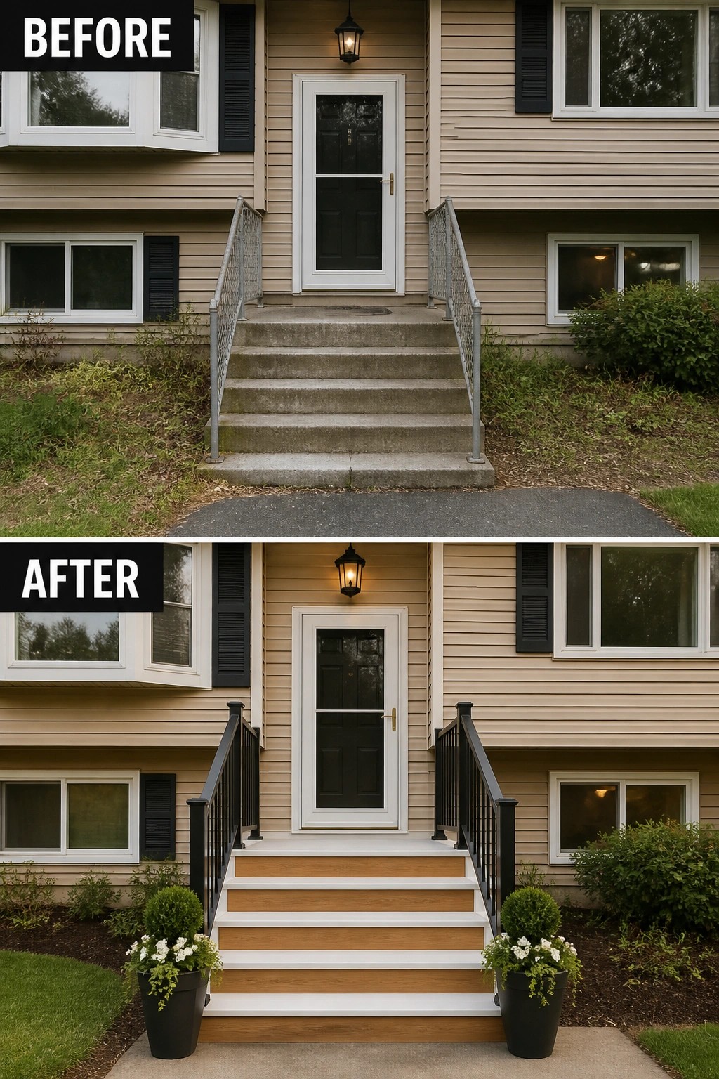 Before-and-after image of a split-level front entry where worn concrete steps and thin metal railings are replaced with skirted wood-look steps, black metal railings, and potted planters.