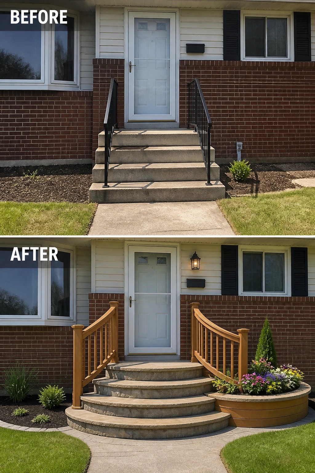 Before-and-after image of a split-level front entry where plain concrete steps and metal railings are replaced by curved tiered stone steps with wooden railings and a side planter.