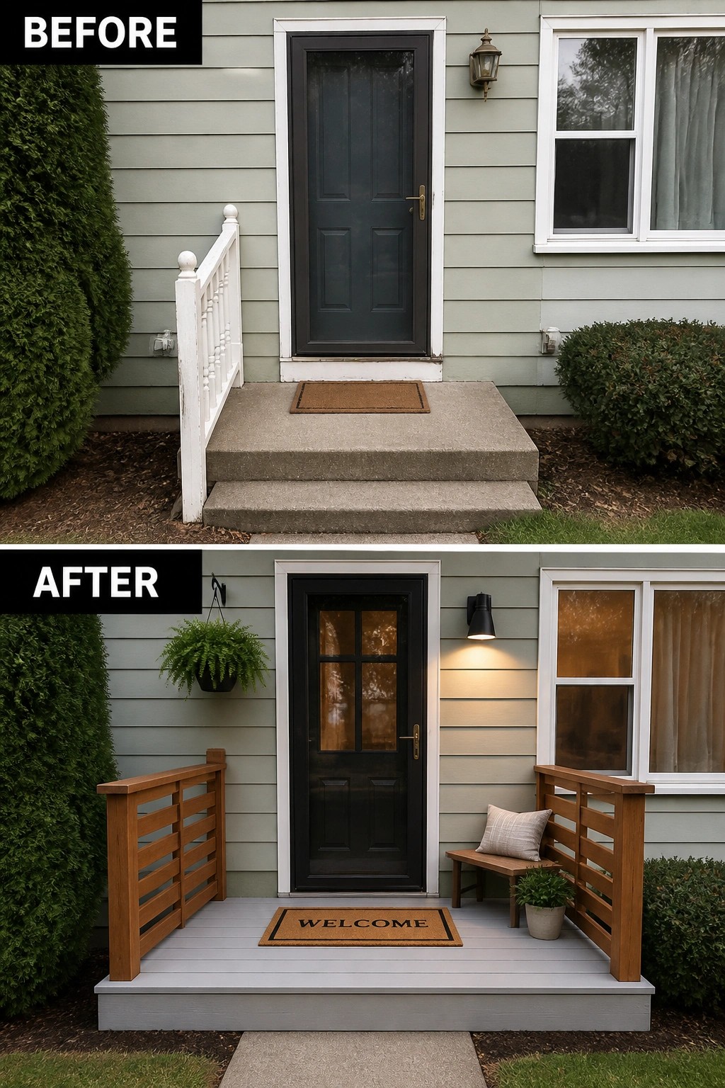 Before-and-after image of a plain concrete front step updated to a small raised deck with wood railings, a welcome mat, lighting, and simple seating.