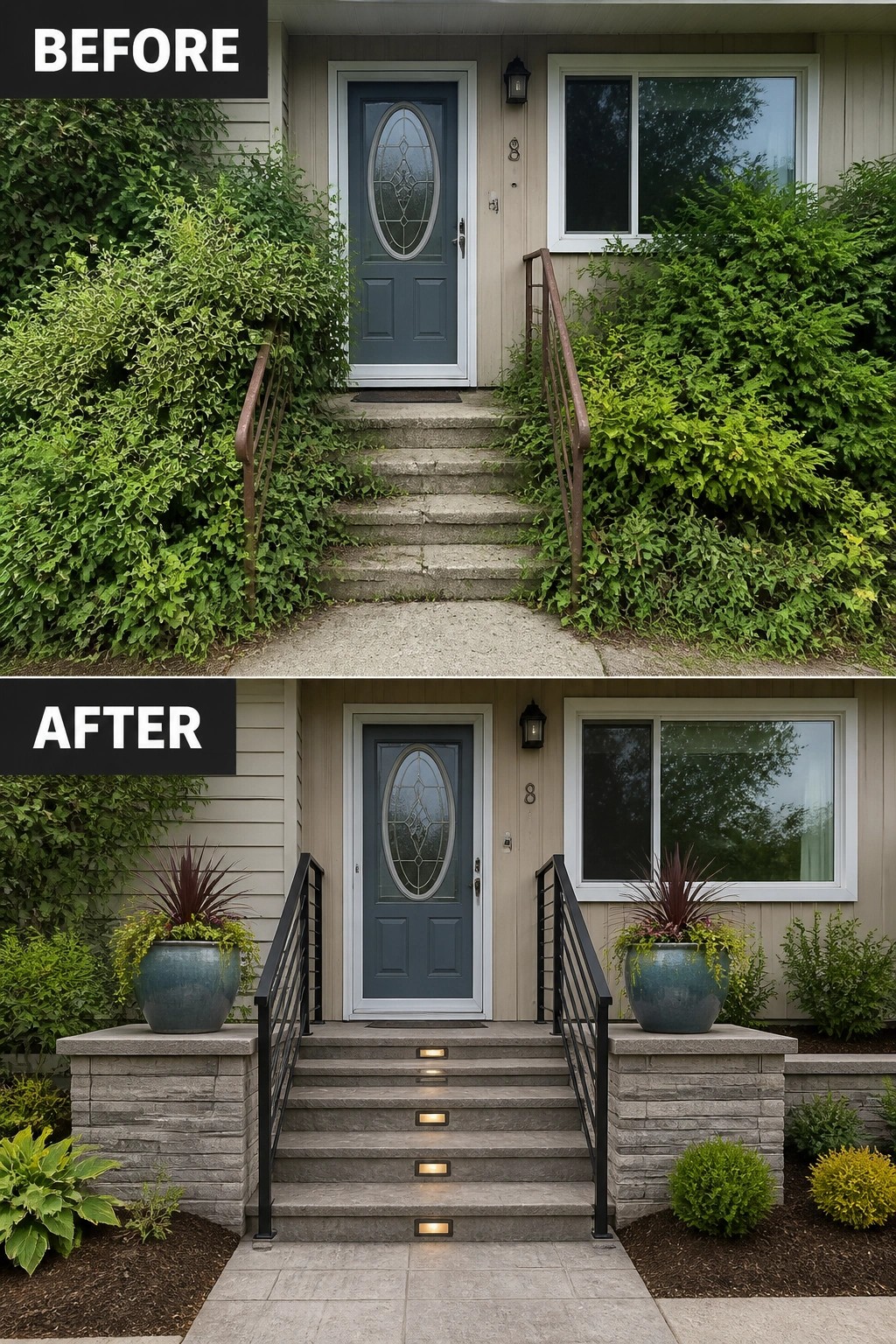 Before-and-after image of a split-level front entry changed from overgrown concrete steps to a clean stone landing with metal railings, matching planters, and built-in step lights.