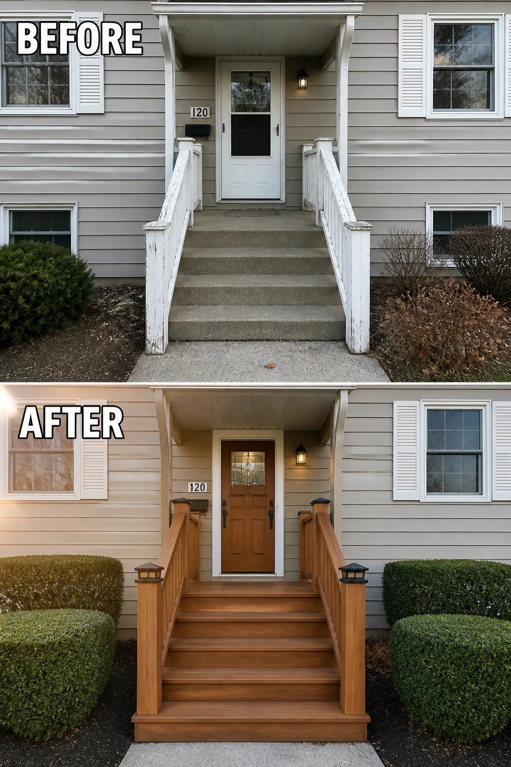 Before-and-after image of a split-level entry where plain concrete steps and peeling white railings are replaced by a finished wooden staircase, new wooden front door, and updated railings with post lights.