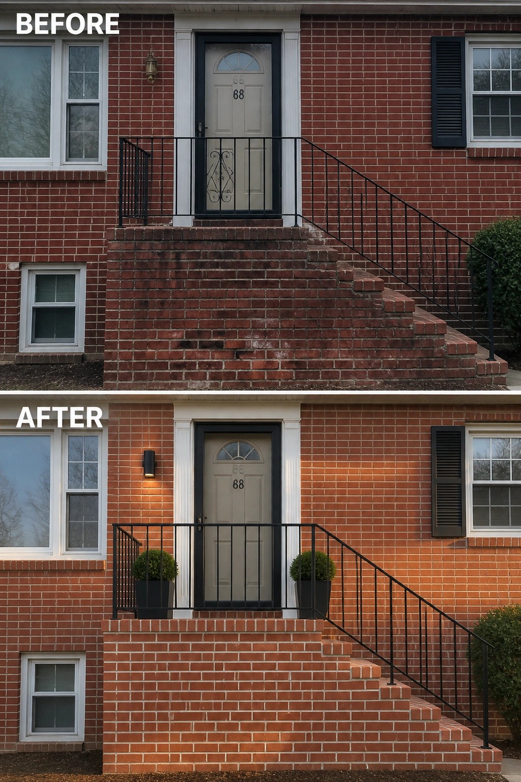 Before-and-after image of a split-level brick entry updated with matching potted plants and a modern wall light beside the front door.