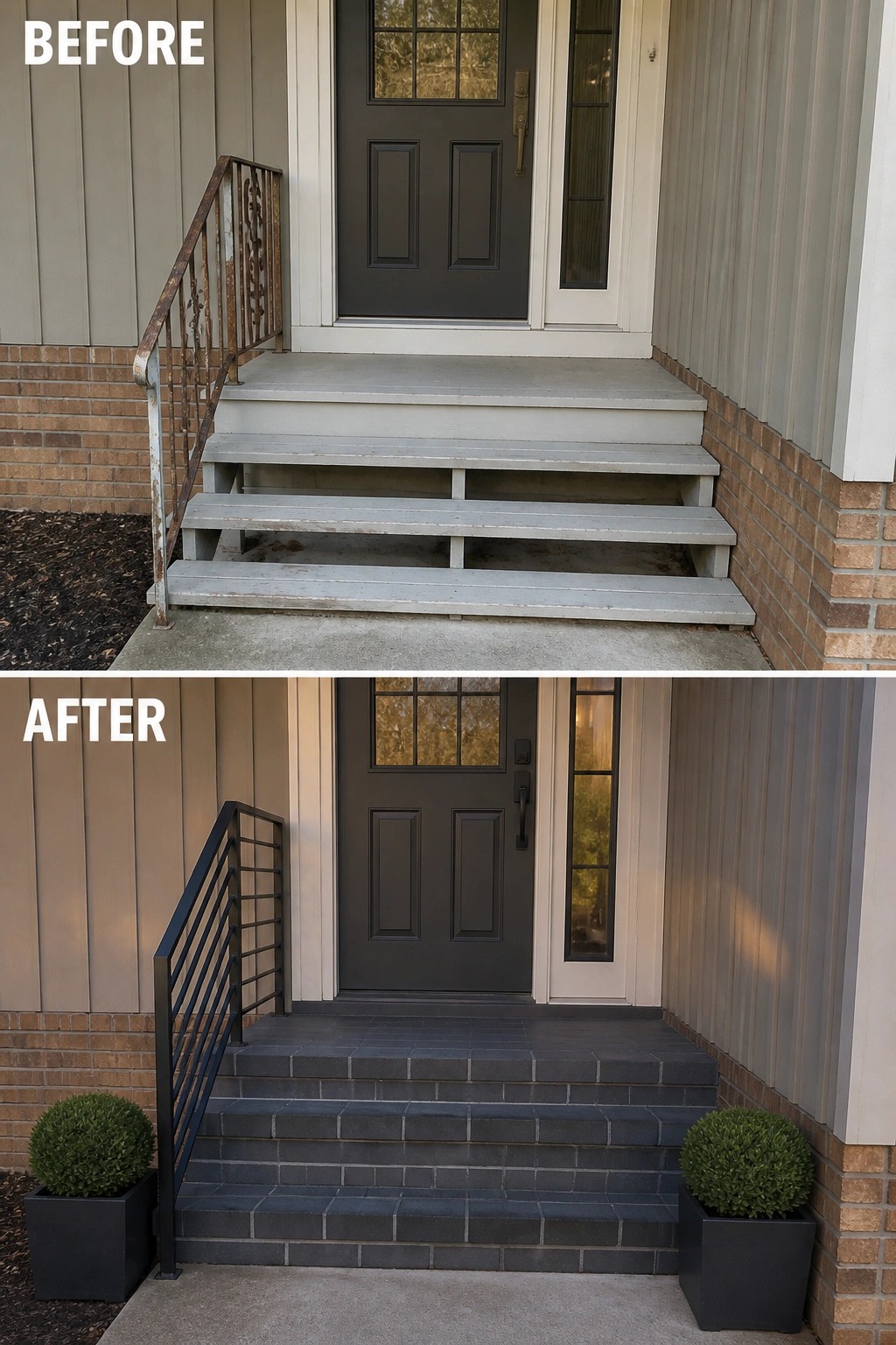 Before/after: worn gray wooden steps and rusty railing replaced by dark tiled steps, black railing.