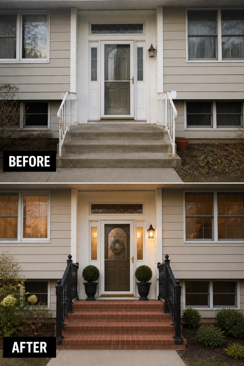 Before-and-after image of a split-level front entry updated from plain concrete steps and white railings to brick steps with black metal railings, potted plants, and a new lantern light.