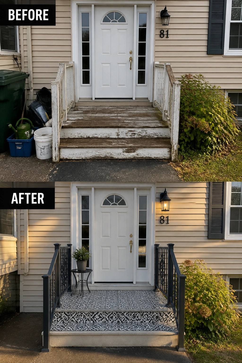 Before-and-after image of a front porch where worn wooden steps were replaced with patterned tile and new metal railings.
