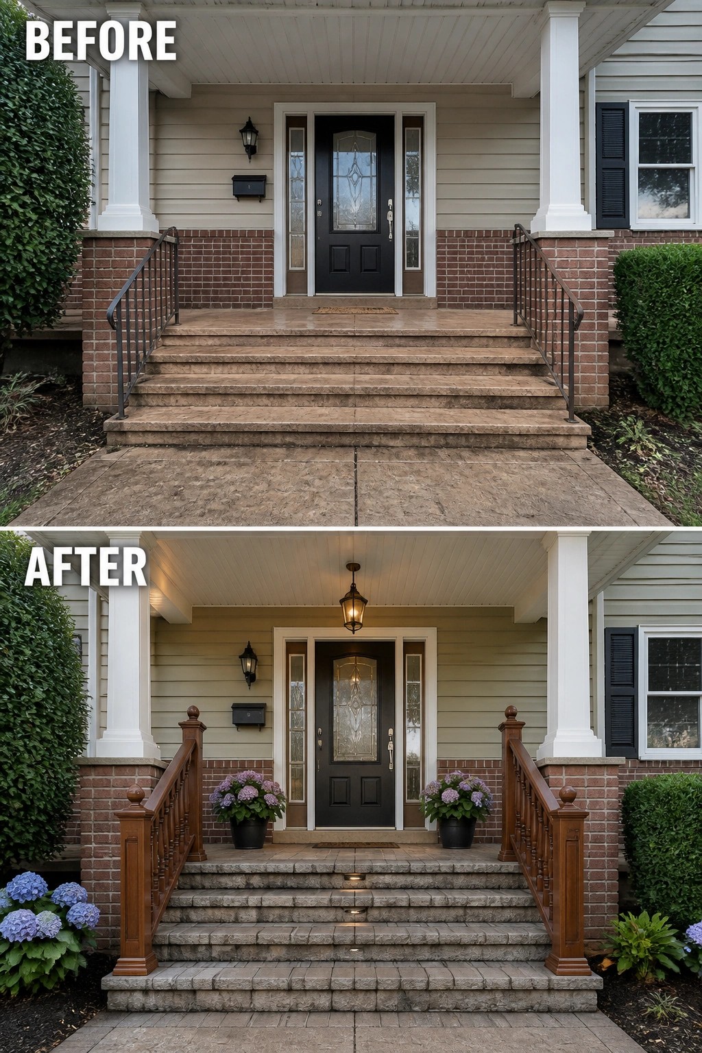 Before-and-after image of a front porch showing plain concrete steps and metal railings updated with stone paver steps, wooden balustrades, potted plants, and added step lighting.