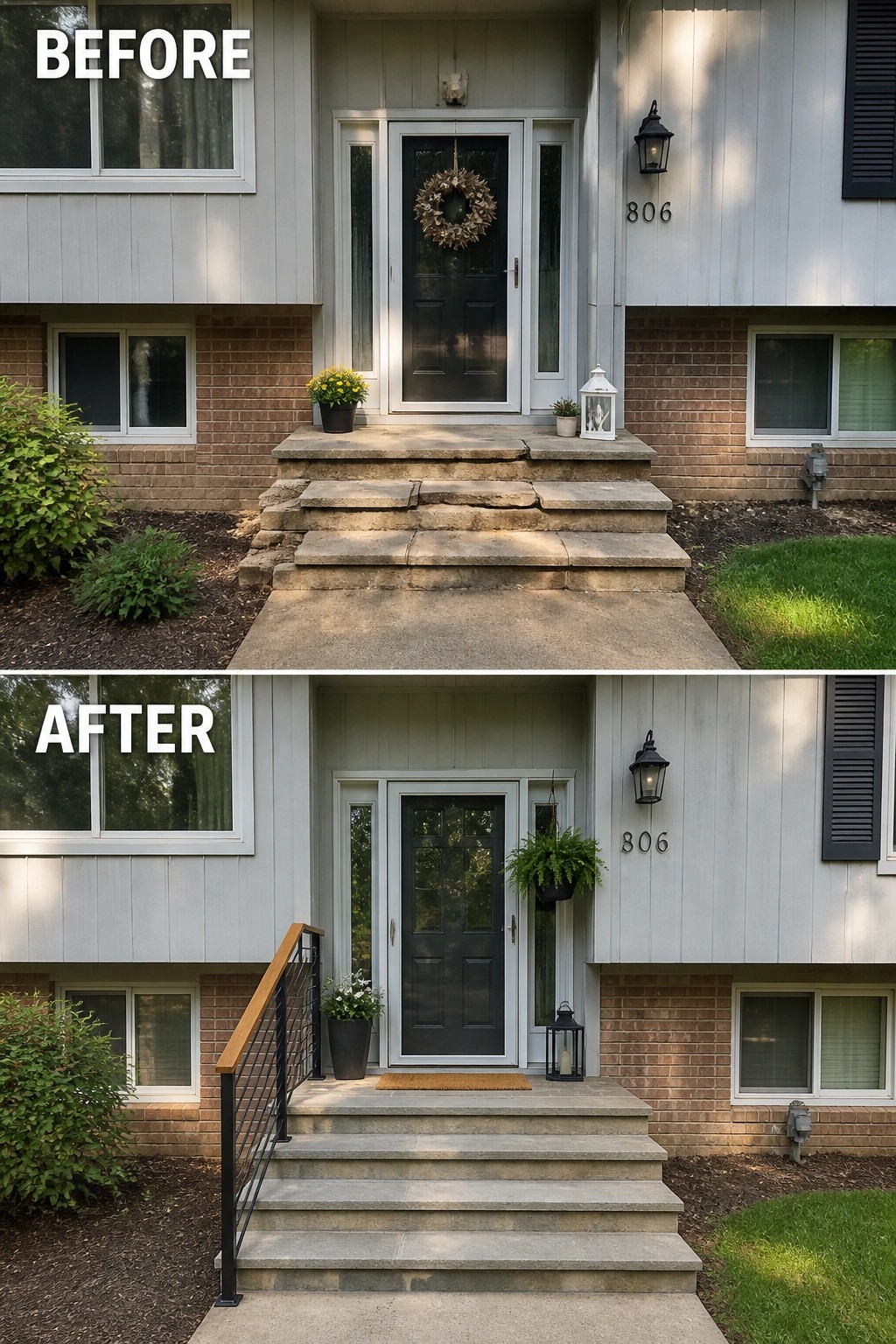 Before-and-after image of a split-level front entry updated with
