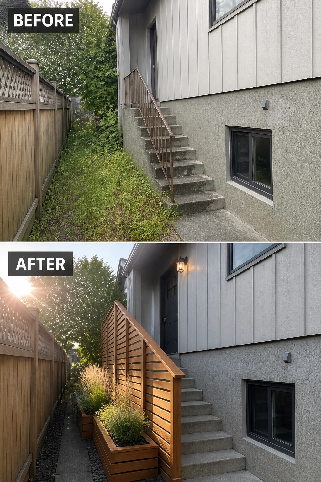 Before-and-after image of a narrow split-level side entry where an old metal handrail and overgrown grass were replaced with a wooden slatted privacy screen and planter boxes.