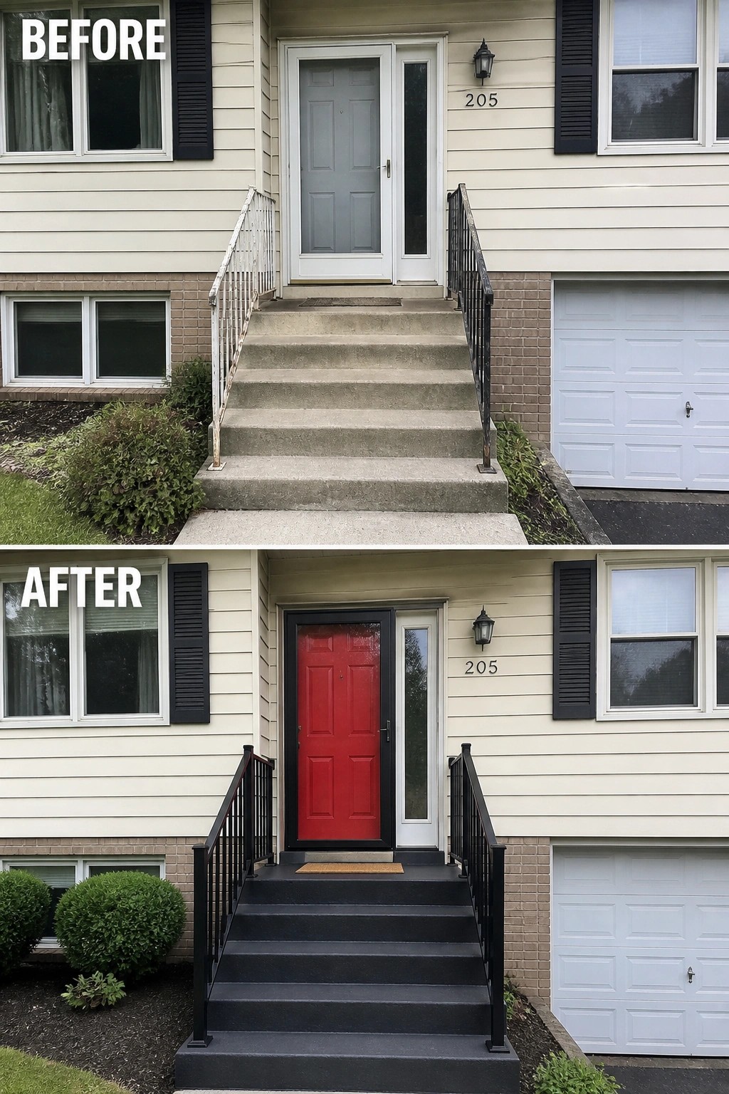 Before-and-after image of a split-level entry where plain concrete steps and worn railings are updated with painted dark steps, new black railings, and a red front door.