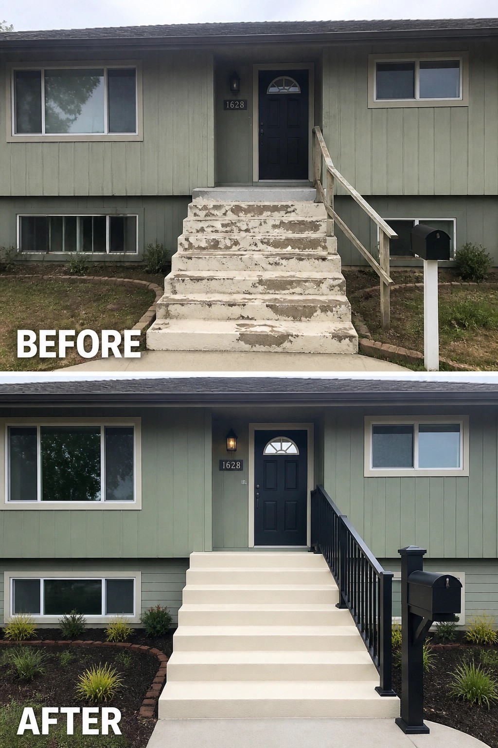 Before-and-after image of a split-level home's front entry showing flaking concrete steps replaced with a smooth light-colored finish and a new black metal railing and mailbox.