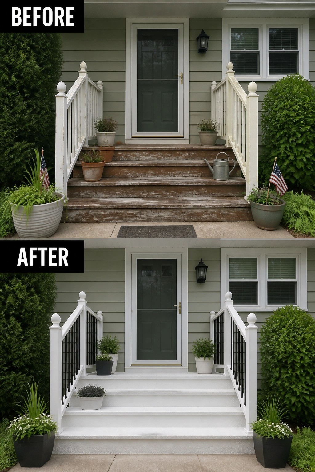 Before-and-after image of a front porch where worn wooden steps and old railings are refreshed with white painted steps, dark metal balusters, and new planters.