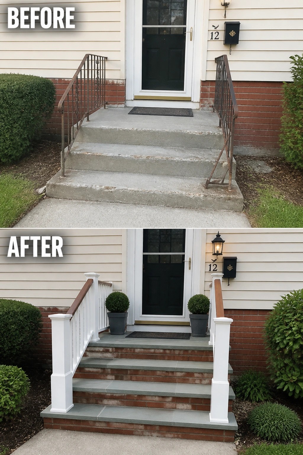 Before-and-after image of a plain concrete front entry updated with stone or tiled treads, brick risers, and new white posts and railings with matching planters.