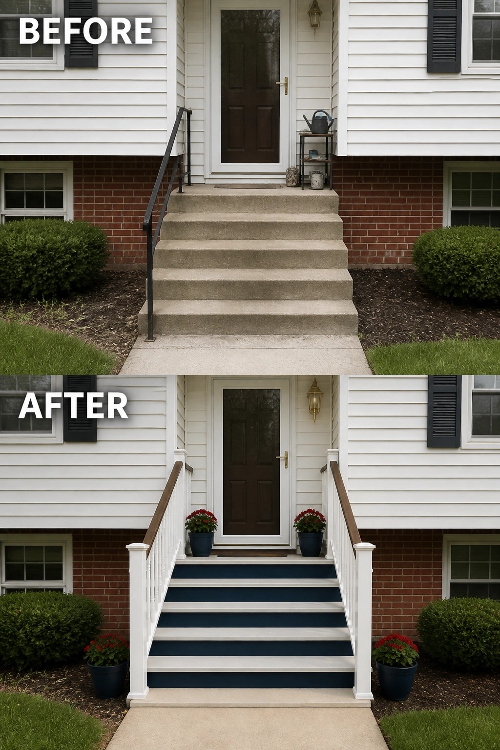 Before-and-after image of a split-level front entry showing plain concrete steps and a metal handrail updated to painted stairs with white railings, blue risers, a wooden handrail, and matching potted plants.