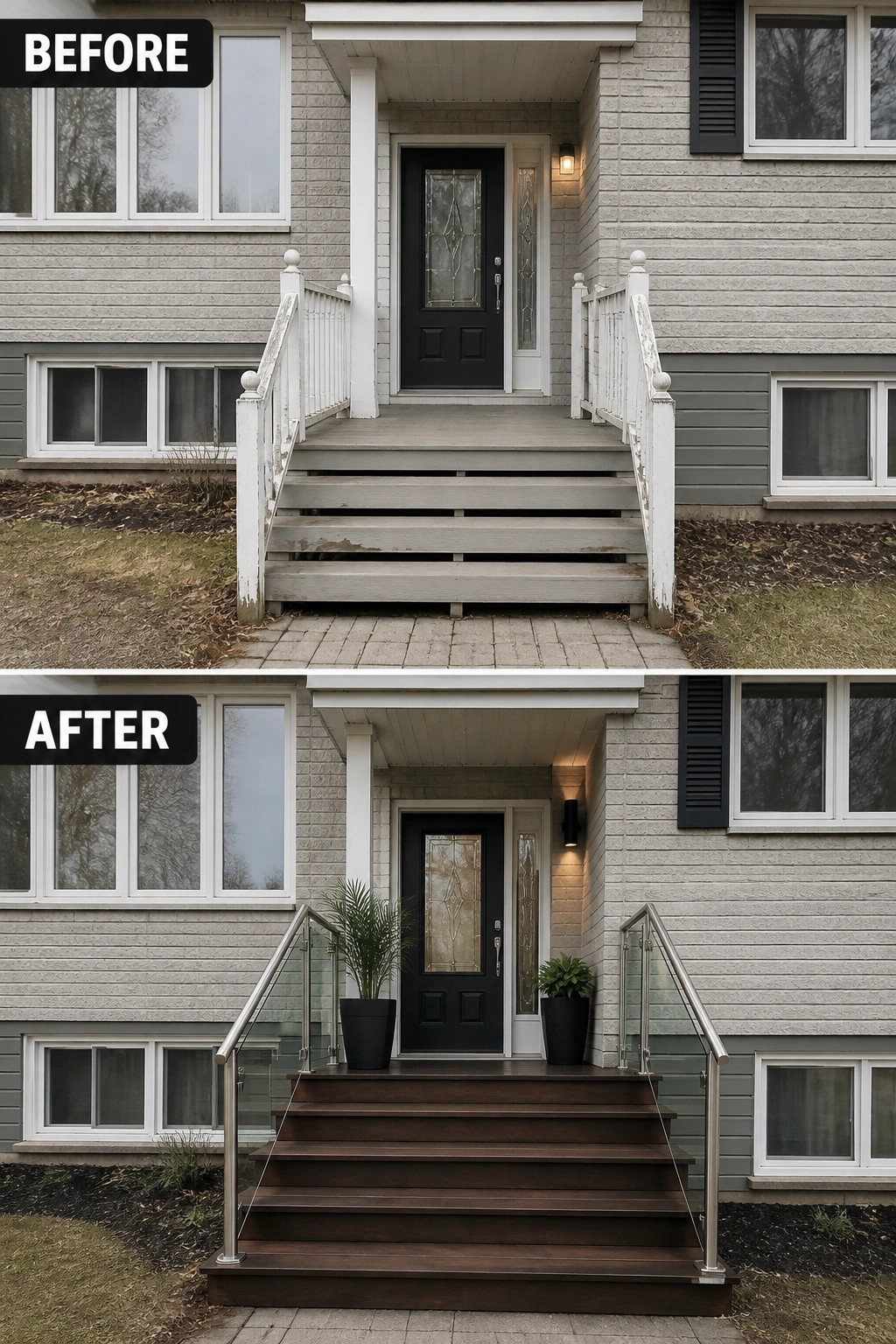 Before-and-after image of a split-level front entrance updated from painted wood steps and spindled rails to darker composite steps with glass-and-stainless railings, potted plants, and a modern wall light.