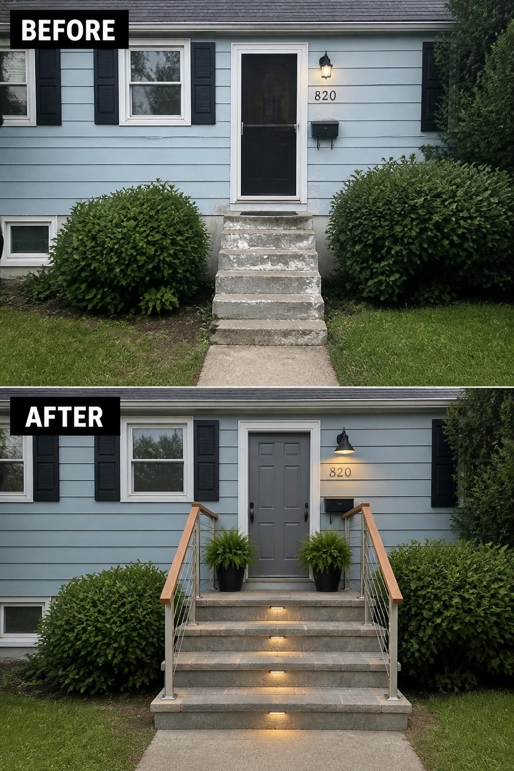 Before-and-after image of a split-level front entry where worn concrete steps are replaced with new stone steps, modern cable railings with wood handrails, and built-in step lighting.