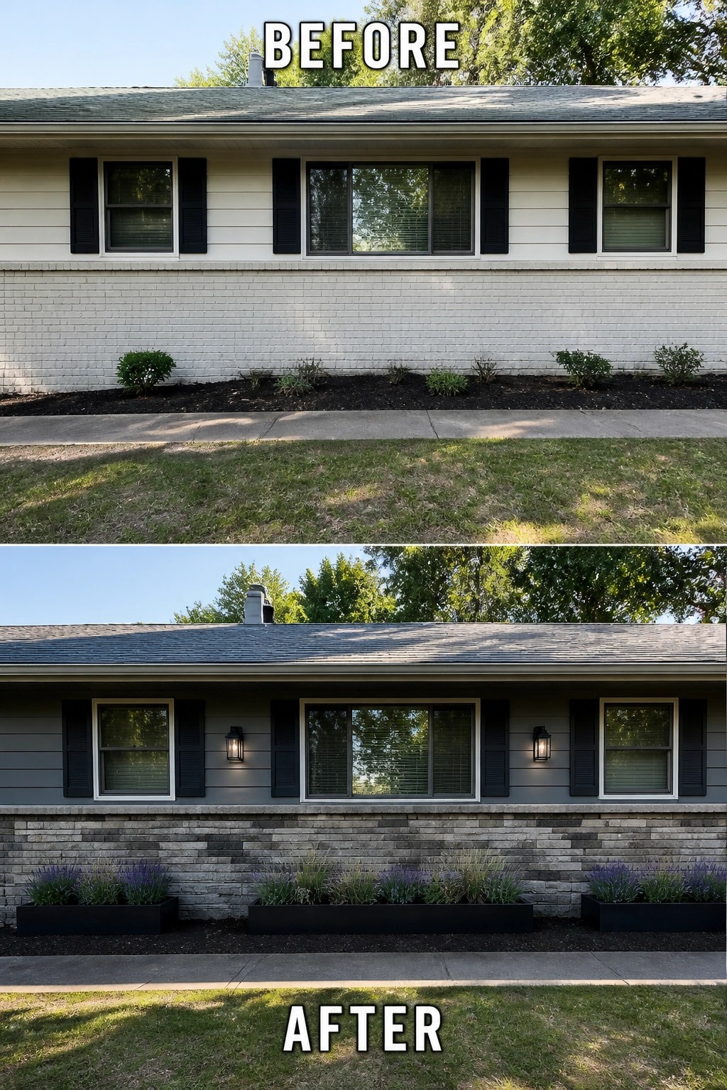 Before-and-after image of a ranch house where a plain painted brick lower wall is updated with a low stone veneer base and long planters.