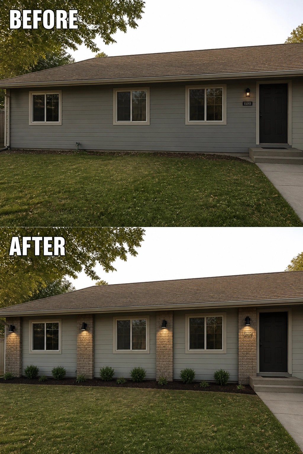 Before-and-after image of a low ranch house facade updated by adding brick column accents, wall sconces, and a planted mulch bed.