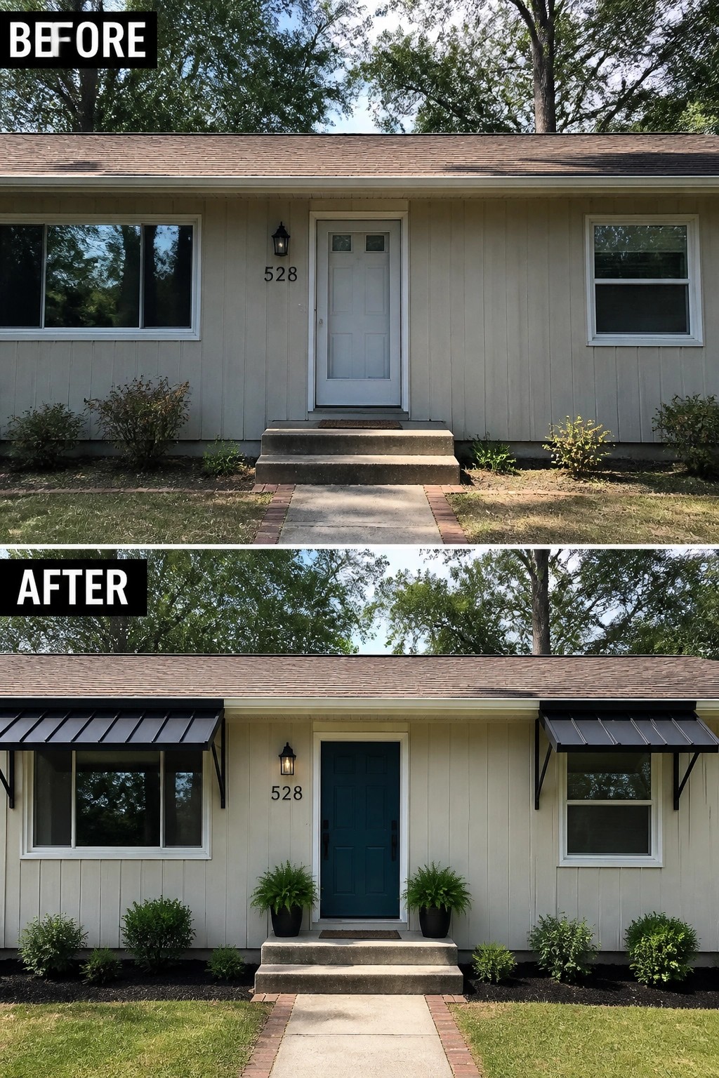 Before-and-after image of a plain ranch house front updated with a painted entry door, added planters and a defined planting bed.