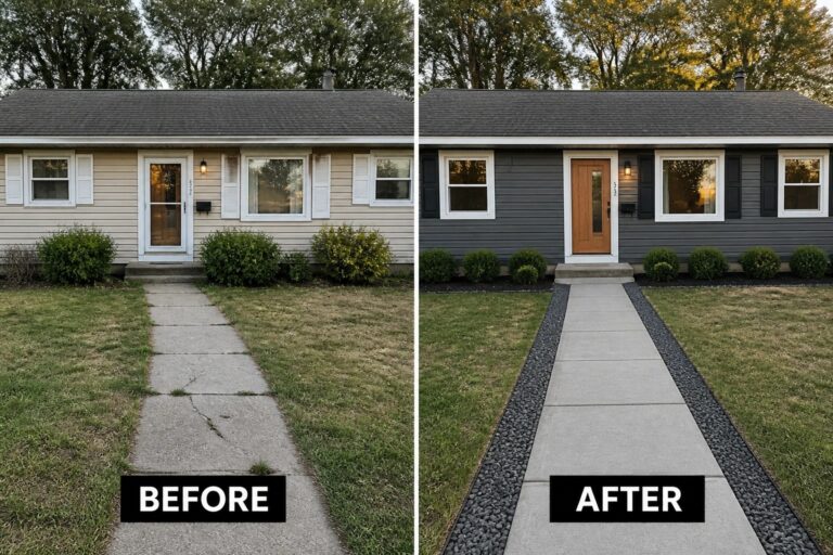 Before-and-after image of a ranch house exterior repainted from beige to dark gray with a new wood front door, white trim and shutters, and low shrubs.