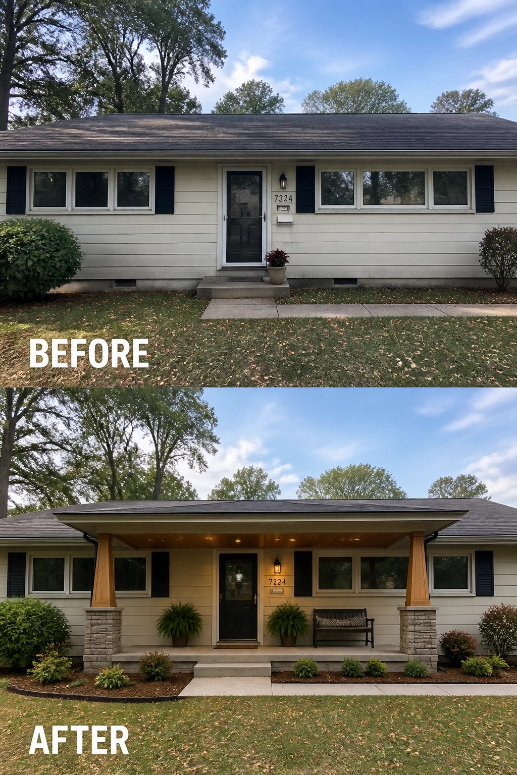 Before-and-after image of a plain ranch-style front transformed by a new covered porch with tapered posts, stone bases, added lighting, and simple seating and planters.