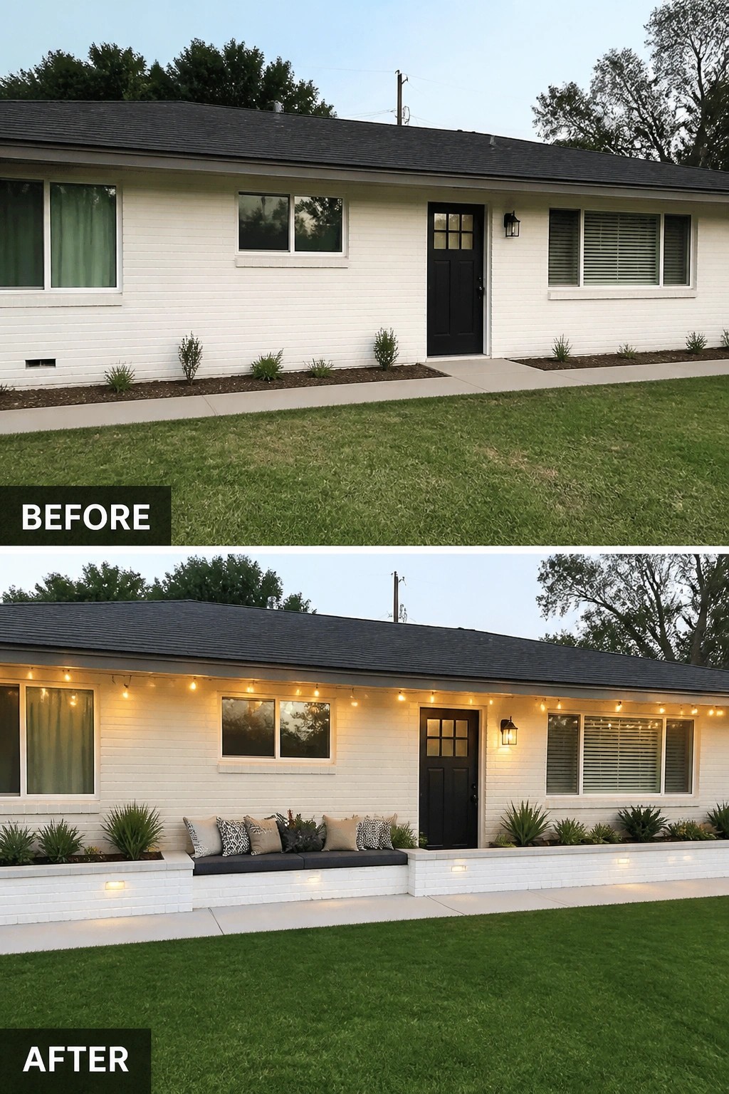 Before-and-after image of a plain ranch house front updated with a low built-in planter and bench, new plants, string lights, and exterior lighting.