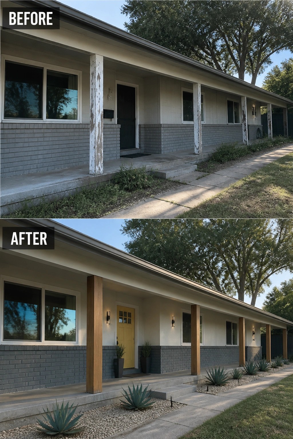 Split-view before-and-after ranch exterior: peeling posts replaced with wooden columns, yellow door, gray brick, agave