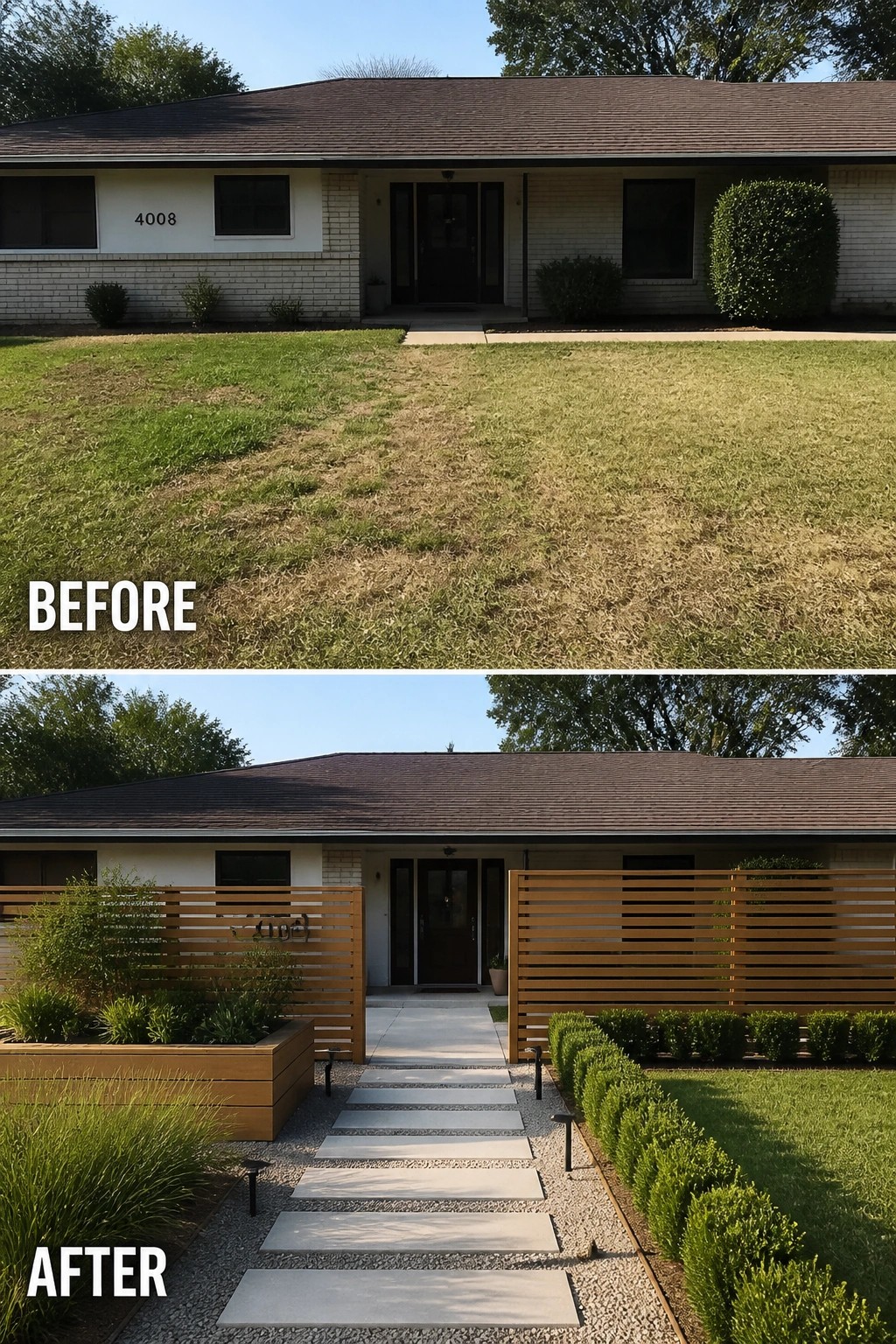 Before-and-after front yard: modern concrete stepping stones, gravel path, wooden slat screens, boxwood hedges.