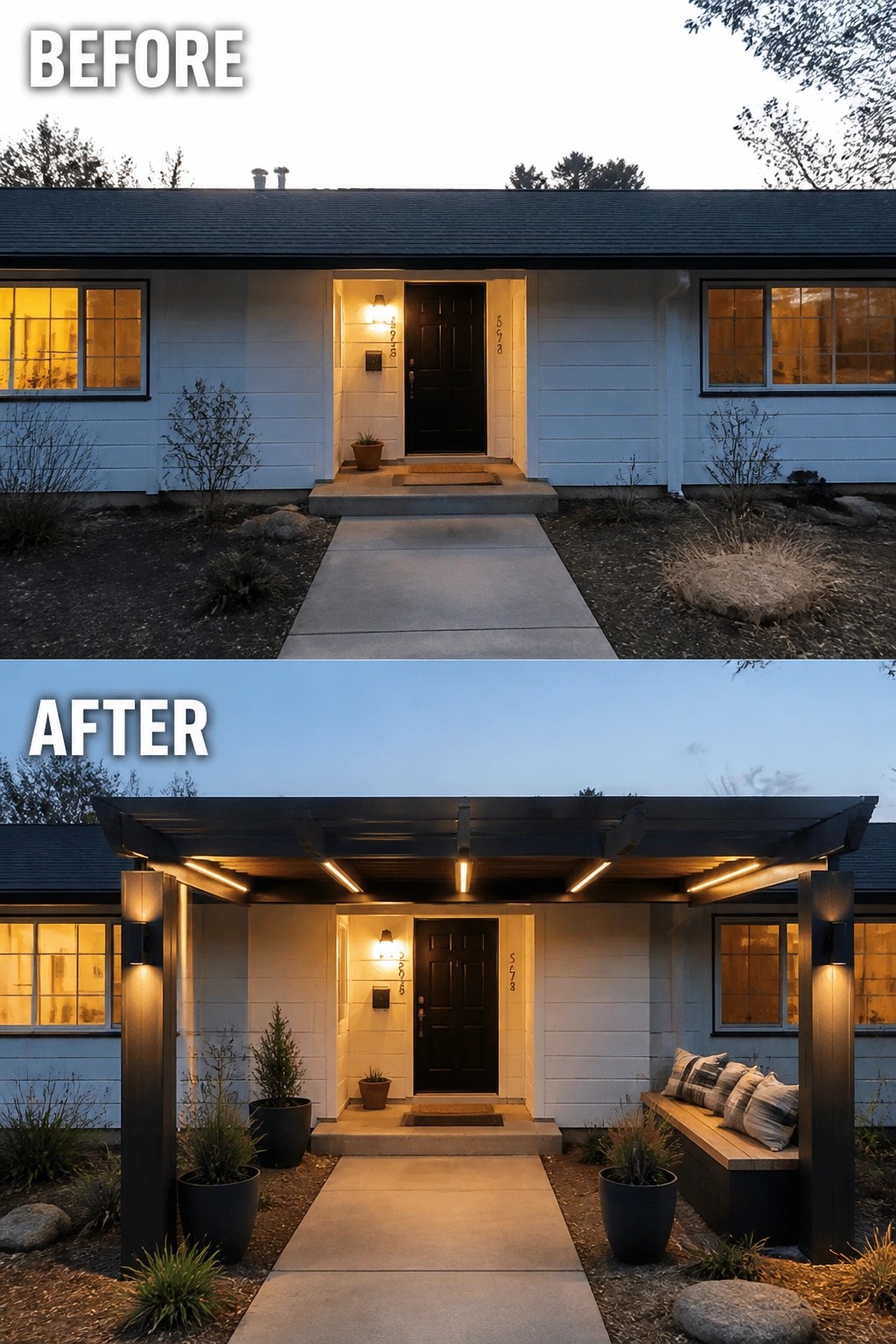 Before-and-after split showing white ranch entry transformed with dark wood pergola, bench, warm lighting.