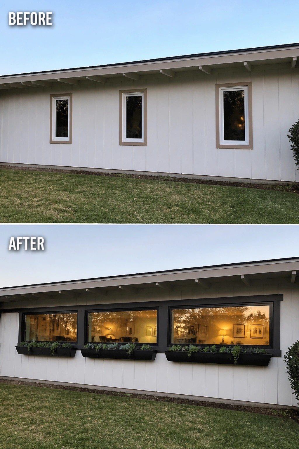 Before-and-after image of a ranch house exterior where three narrow vertical windows were replaced with a continuous horizontal window band with dark trim and added window boxes.
