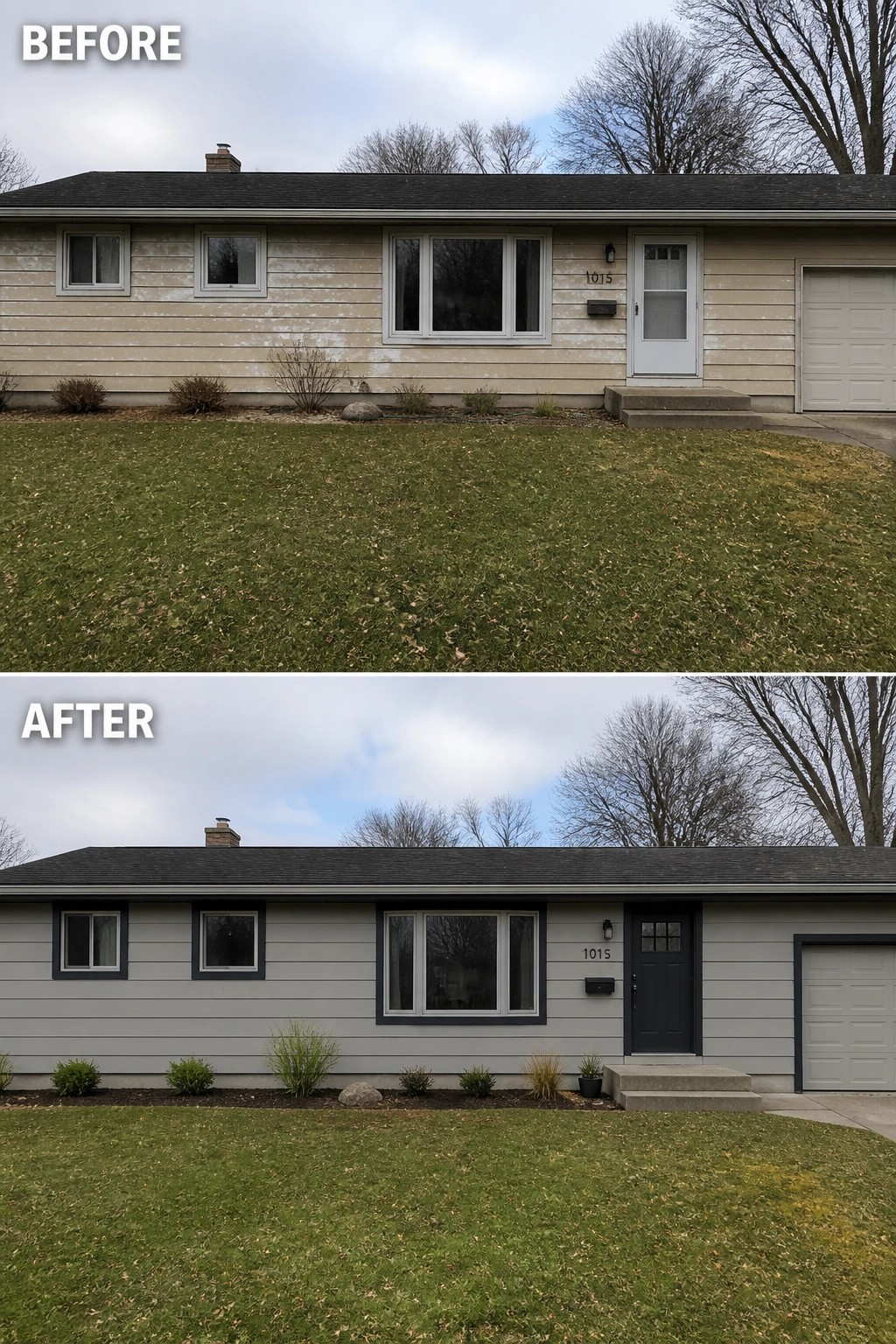 Before-and-after image of a ranch house updated from faded beige siding to light gray with dark charcoal trim and a new dark front door plus fresh low plantings.