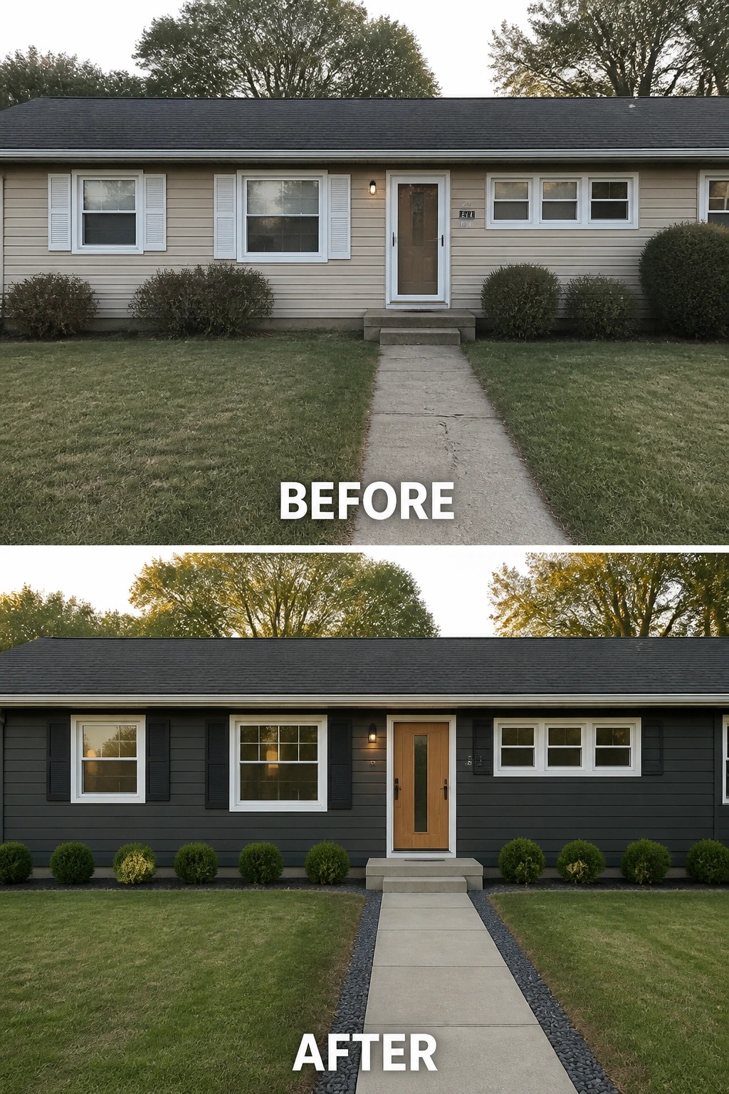 Before-and-after image of a ranch house exterior repainted from beige to dark gray with a new wood front door, white trim and shutters, and low shrubs.