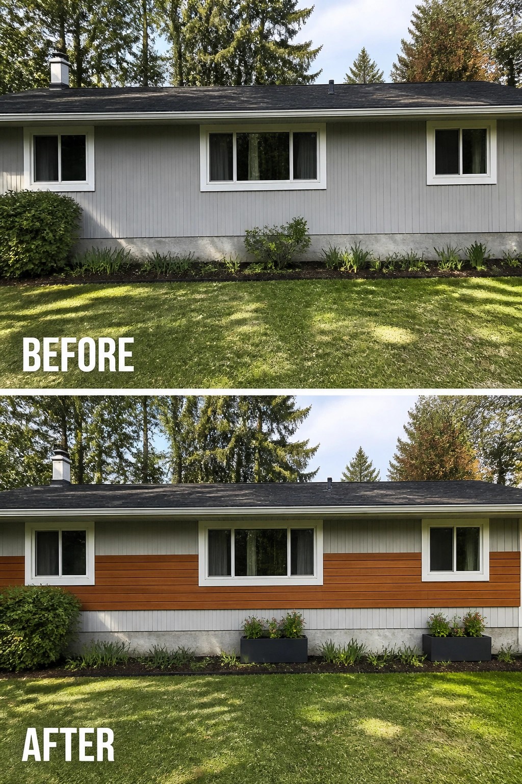 Before-and-after image of a ranch house facade where a horizontal wood-clad band and black planter boxes were added to a plain gray siding wall.