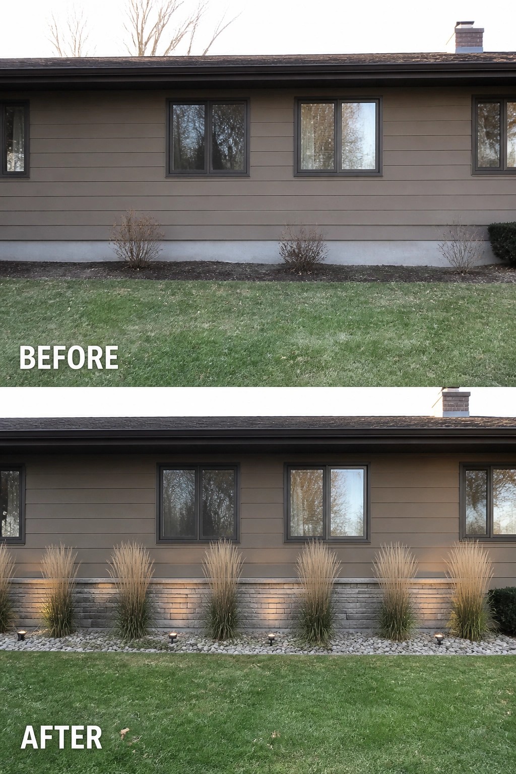 Before-and-after image of a long ranch house facade where sparse shrubs were replaced by repeated ornamental grasses, a low stone base, rock bed, and uplighting.