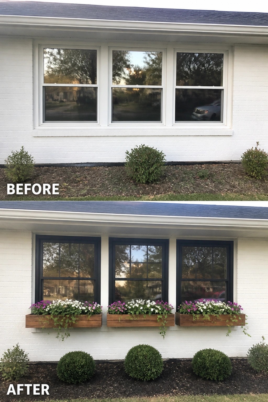 Before-and-after white brick facade: plain windows replaced by black-framed windows, wooden boxes with pink-and-white flowers
