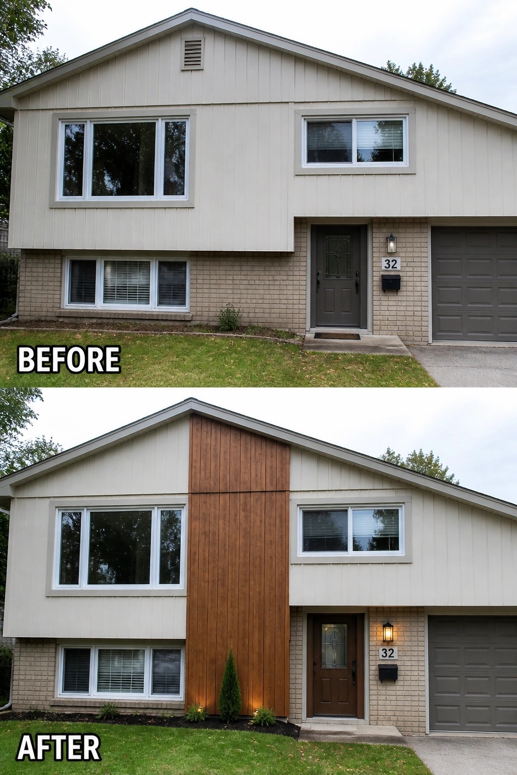 Before-and-after image of a split-level house where a plain front façade is updated with a tall vertical wood panel, a new darker front door, added lighting, and small plantings.