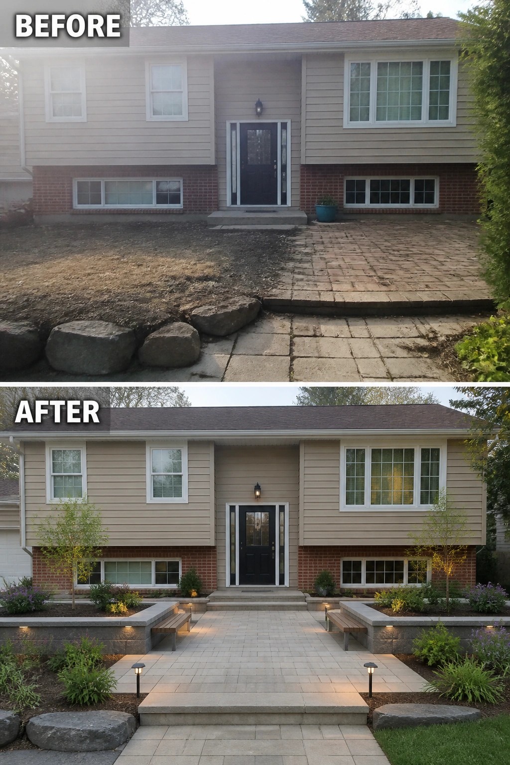 Before-and-after image of a split-level front where a bare patchy yard and old pavers are replaced by a paved entry courtyard with low stone walls, bench seating, plantings, and pathway lights.