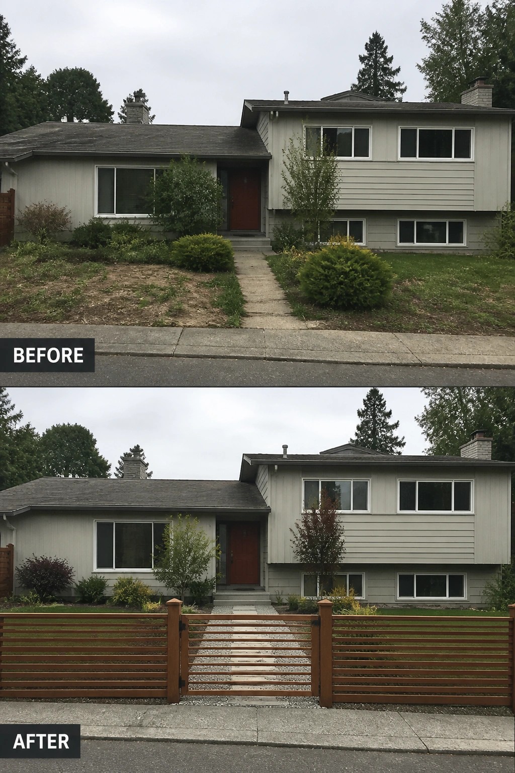 Before-and-after image of a split-level house where the bare front yard is updated with a low horizontal wood fence, a centered gate, and a stepping-stone gravel path leading to the front door.