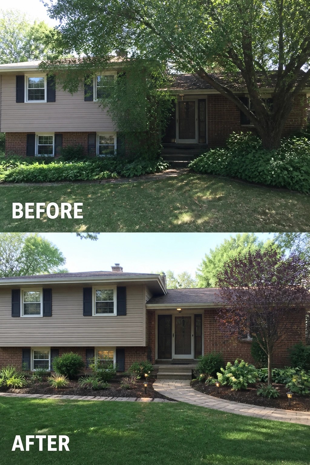 Before-and-after image of a split-level front yard where overgrown planting was cleared and replaced with defined mulch beds, a curved paver walkway, new shrubs, and low path lighting.