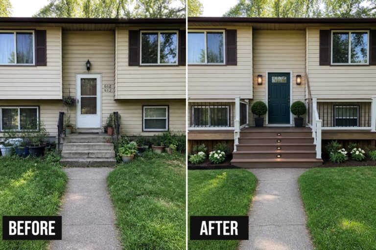 Before-and-after image of a split-level home's front entry where narrow concrete steps and overgrown edges are replaced by a full-width porch deck with railings, a painted front door, exterior lights, and neat plantings.