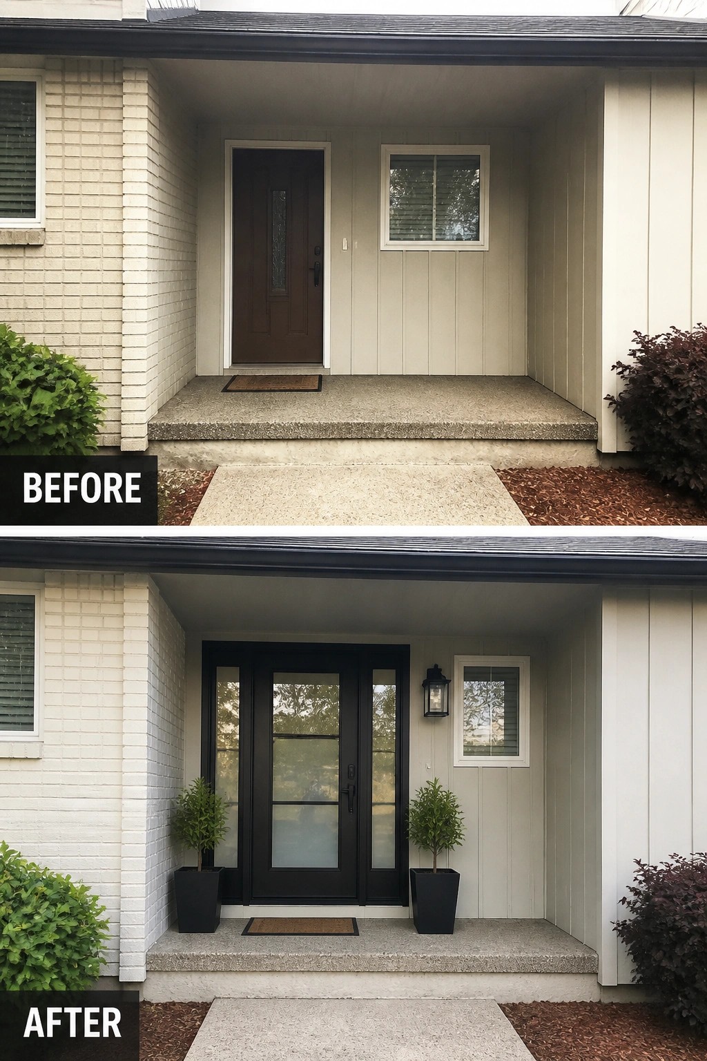 Before-and-after image of a bare front porch updated with a modern glass front door, sidelights, an exterior lantern, and matching planters.