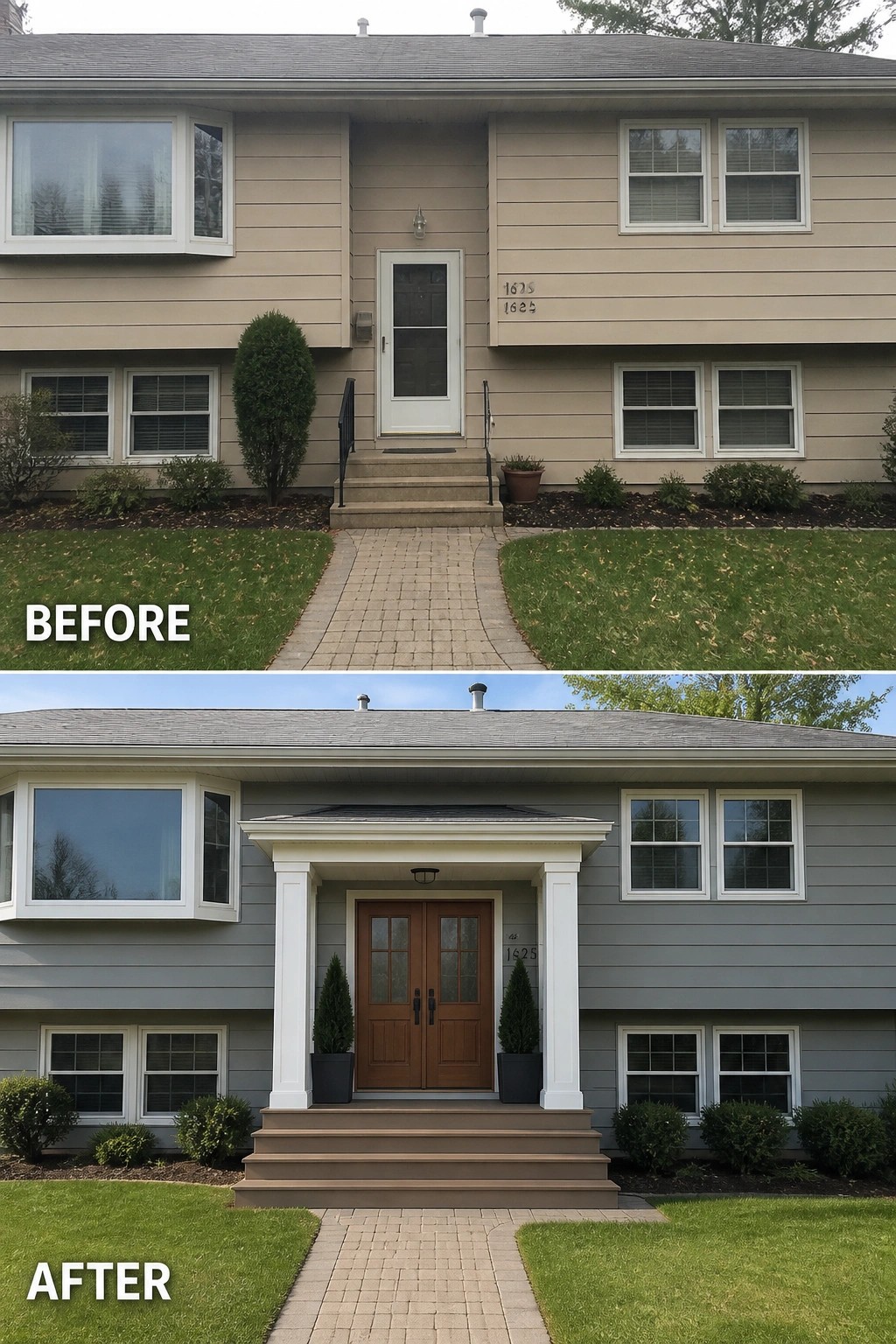 Before-and-after image of a split-level house where a plain recessed entry was updated with a covered portico, new double wood doors, wider steps, and matching planters.