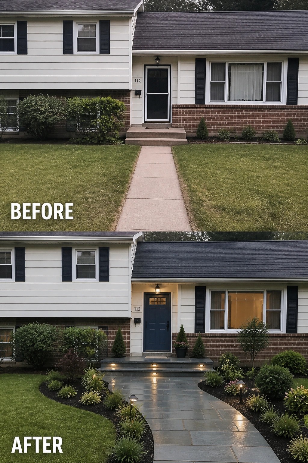 Before-and-after image of a split-level front yard where a straight concrete path and plain steps were replaced by a curved stone walkway, planted borders, and entry lighting.