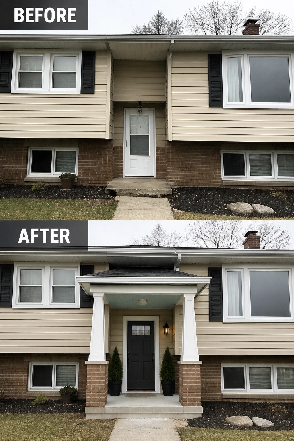 Before and after: beige split-level house entry transformed with covered porch, black door.