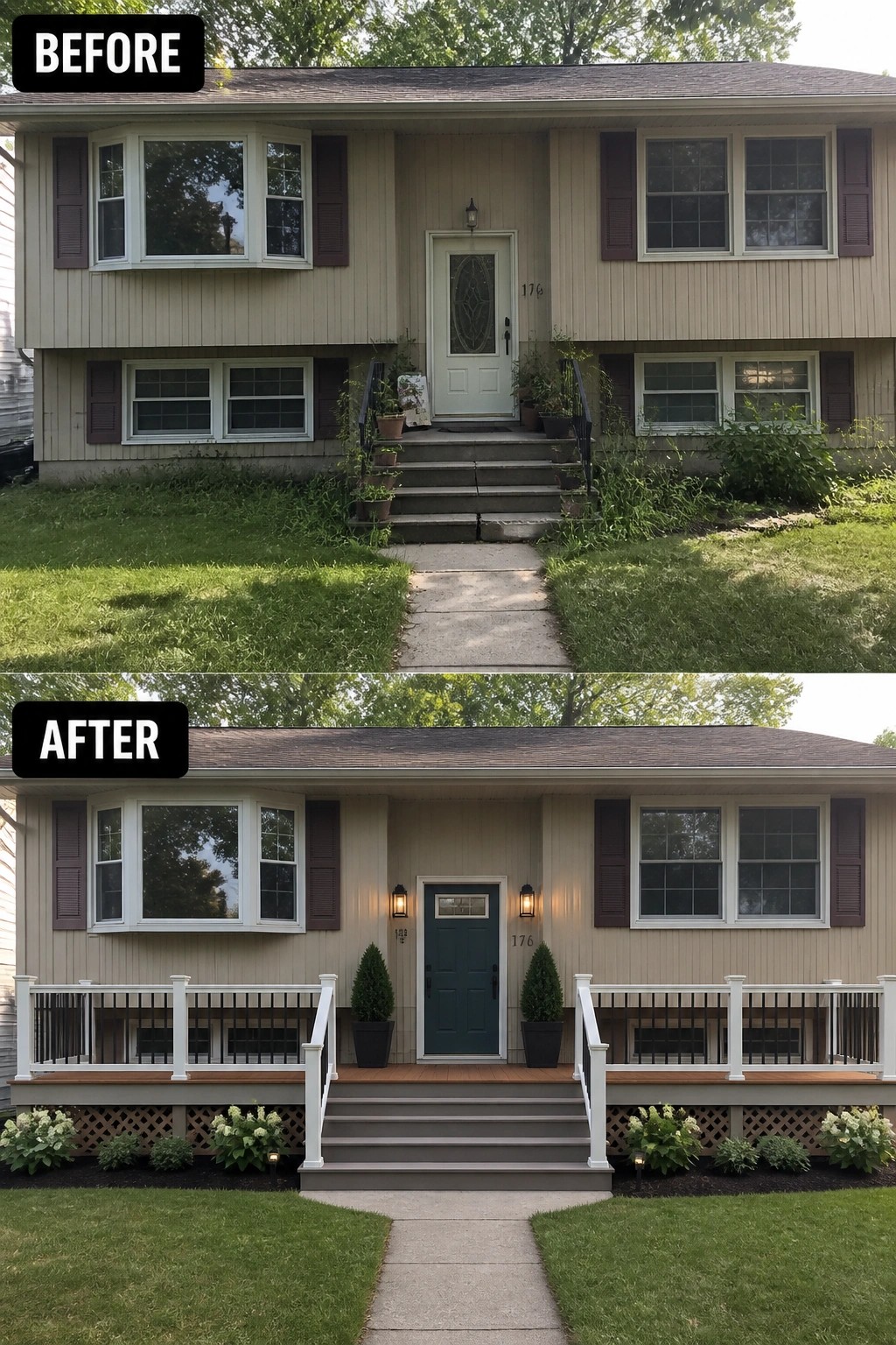 Before-and-after image of a split-level home's front entry where narrow concrete steps and overgrown edges are replaced by a full-width porch deck with railings, a painted front door, exterior lights, and neat plantings.