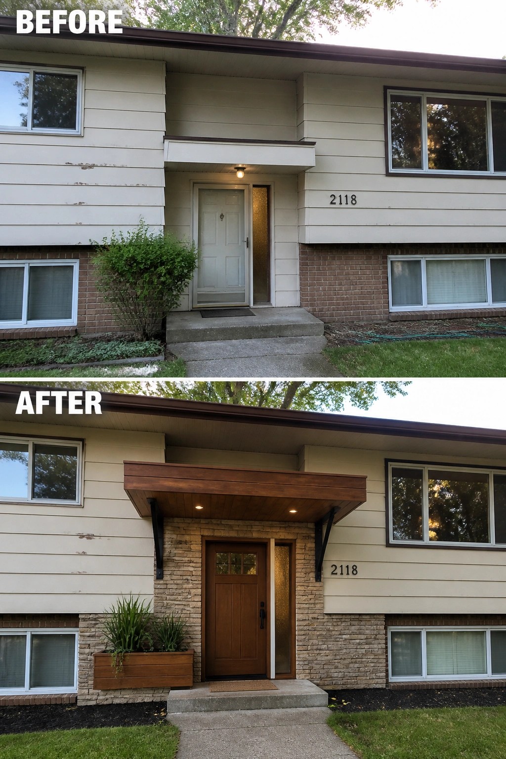 Before-and-after image of a plain split-level front entrance updated with a wood-clad overhang and a new wooden front door.