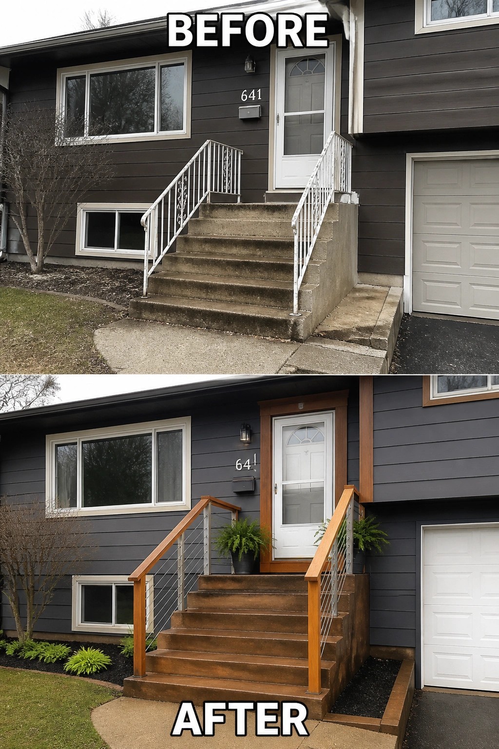 Before-and-after image of a split-level home's front steps updated with new wood-trimmed railings, stained steps, added planters, and trim around the front door.