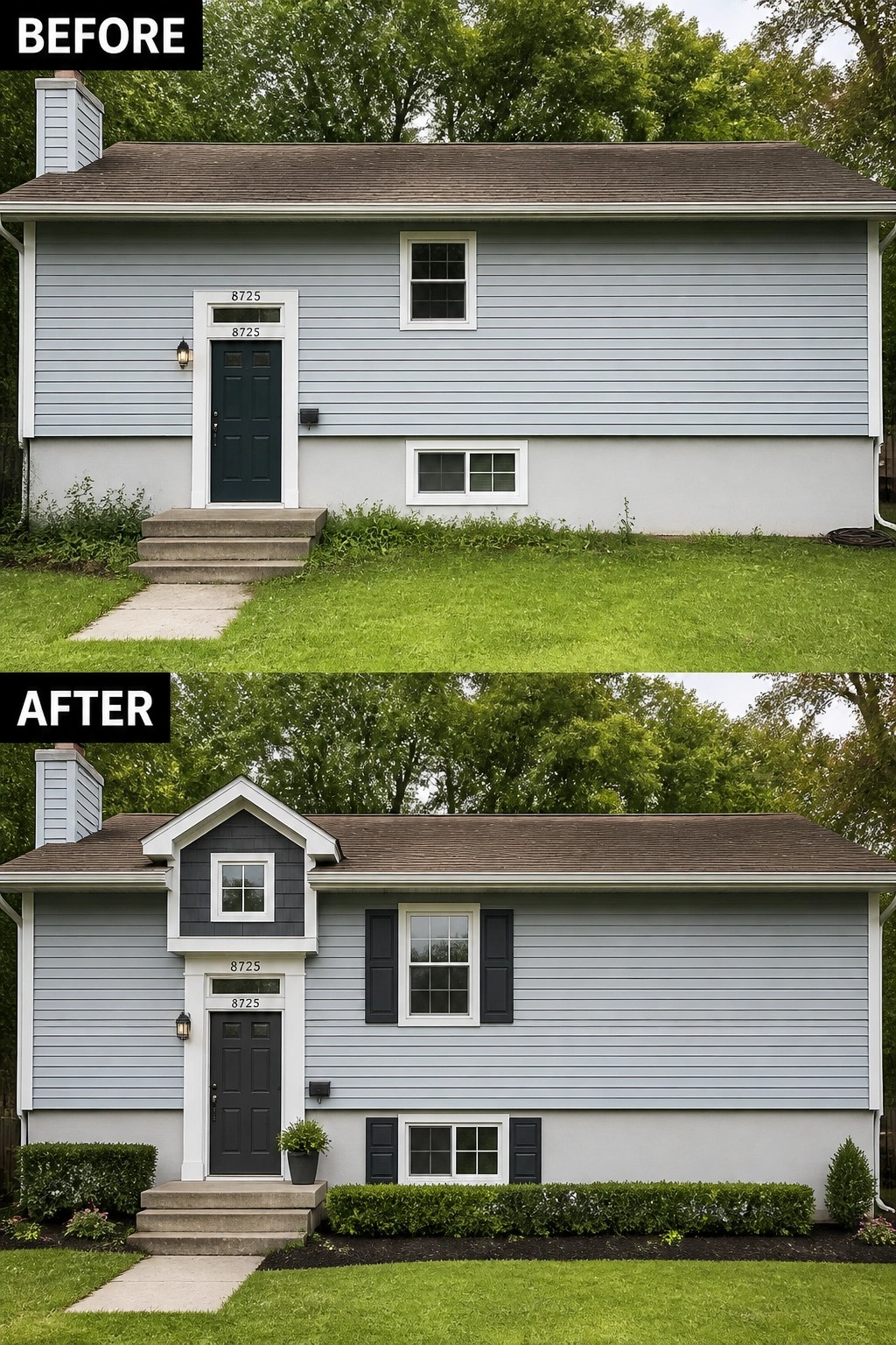 Before-and-after image of a split-level front facade updated with a small gable over the entrance, added shutters, and low foundation plantings.
