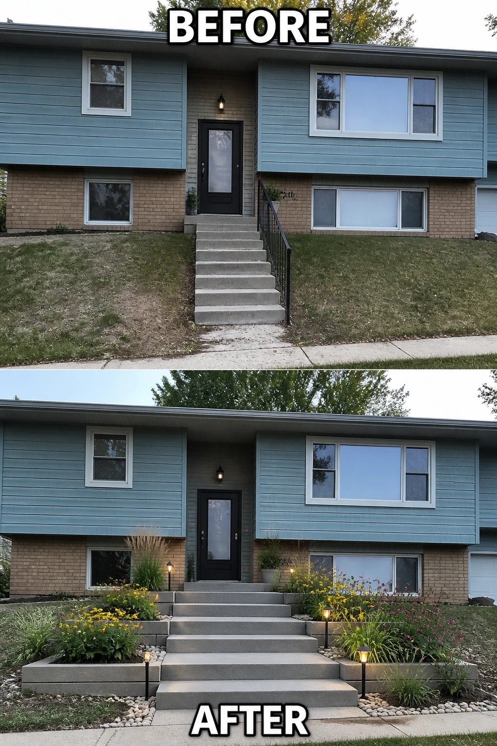 Before-and-after image of a split-level front where plain stairs and a bare slope are updated with raised planter beds, flowering perennials, and low pathway lights.