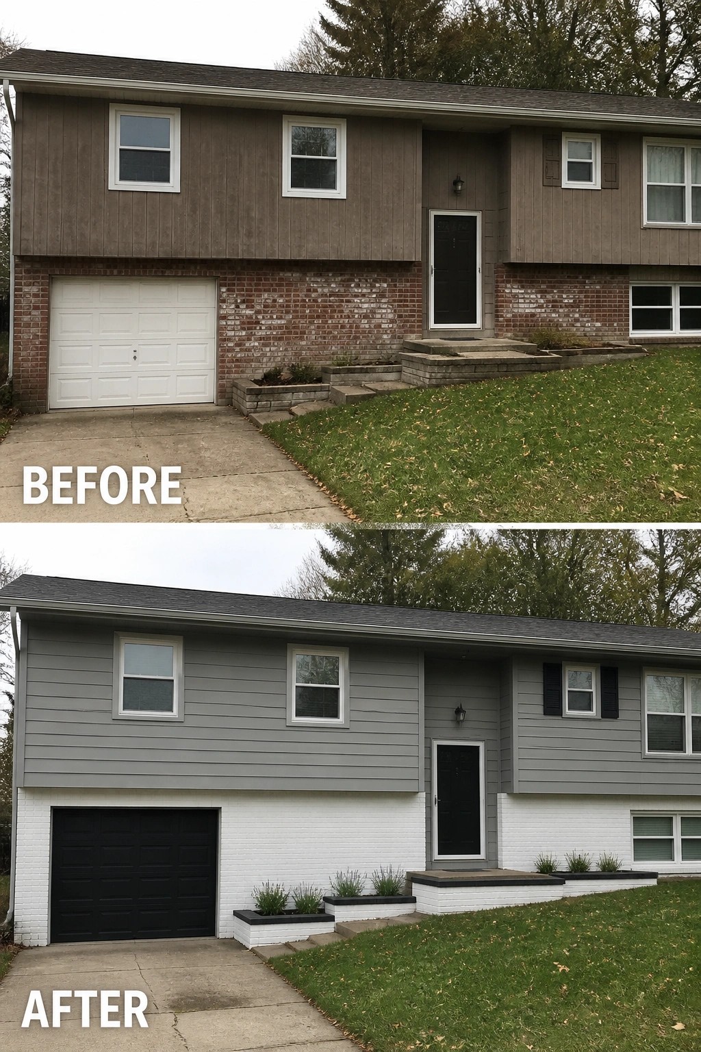 Before-and-after image of a split-level house where the upper siding was painted gray, the lower brick painted white, and dark accents plus planters were added.